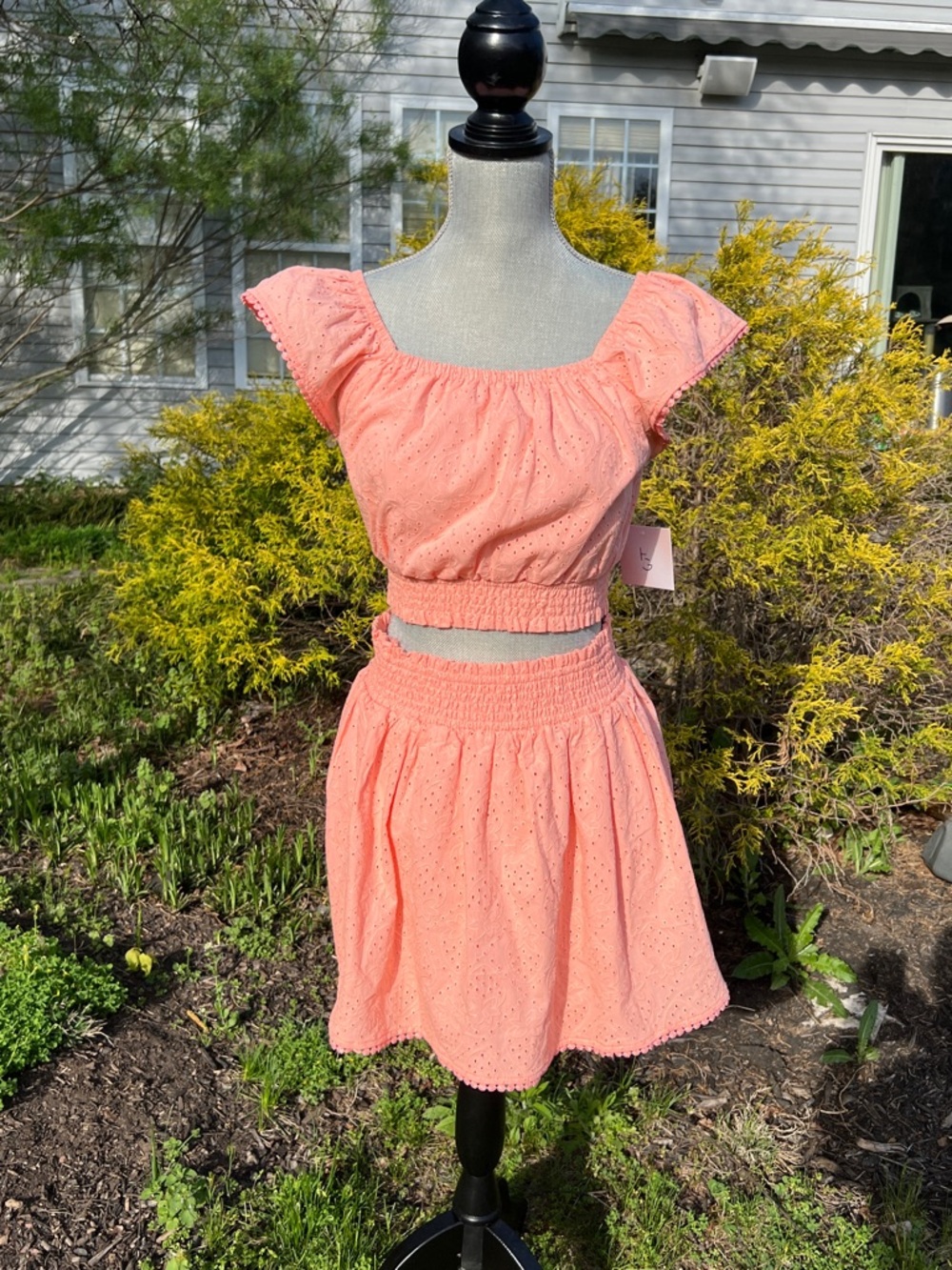 Happily Grey | Peach Eyelet Smocked Waist w/Strawberries Two-Piece Skirt Set